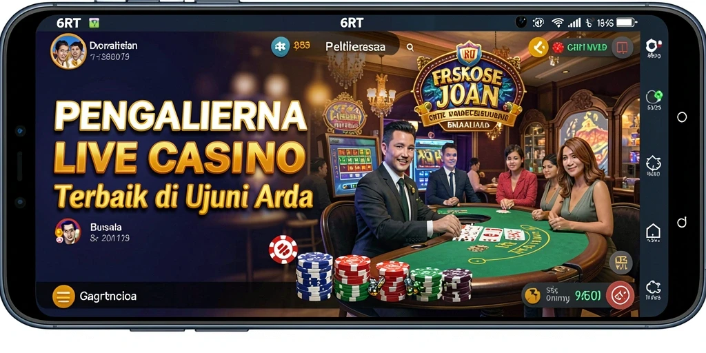 Screenshot gameplay 6RT dengan dealer langsung dan permainan Live Casino.