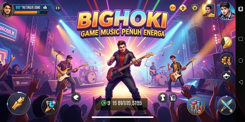 Screenshot utama BIGHOKI menunjukkan pemain menikmati game musik yang seru.