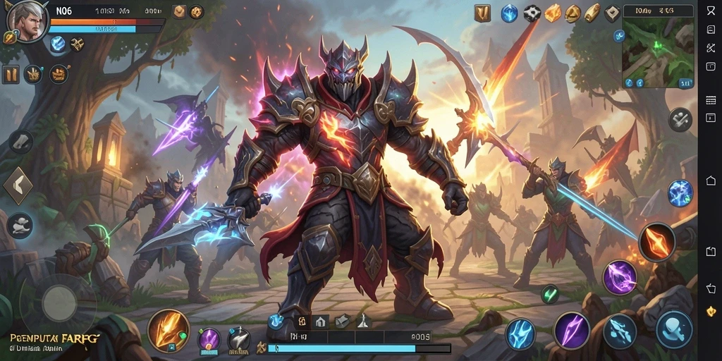 Screenshot gameplay N06 menampilkan pertempuran epik dan eksplorasi dunia fantasi.