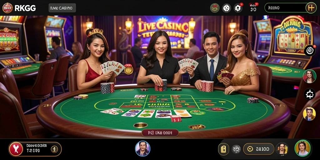 Screenshot menampilkan dealer profesional dan pemain terlibat dalam permainan Live Casino.