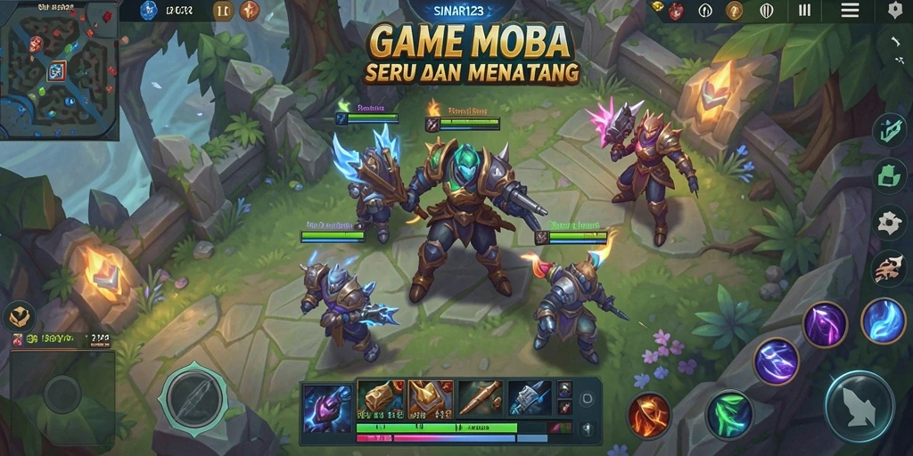 Tampilan gameplay seru di SINAR123 dengan pertarungan antar karakter MOBA.
